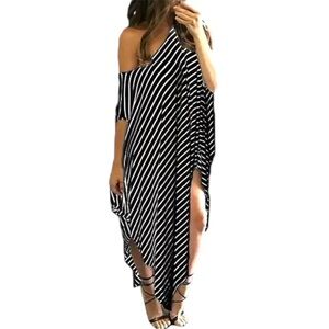 Flattering Black White Stripe Asymmetrical Off Shoulder Slouchy Maxi Dress - XXL